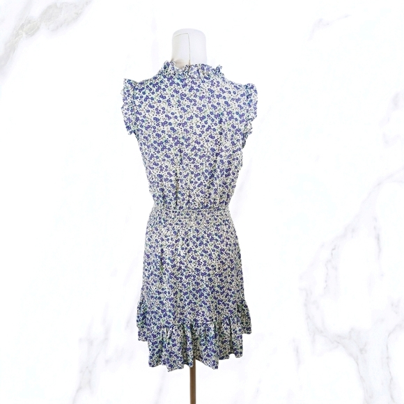XXI White Blue Floral Ruffle Mini Dress Smocked Waist Button Front Size M - Picture 3 of 6